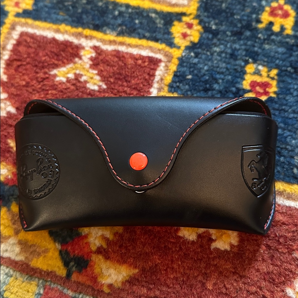 Black Leather Ray Bans Ferrari Sunglasses Case with Red Stitching